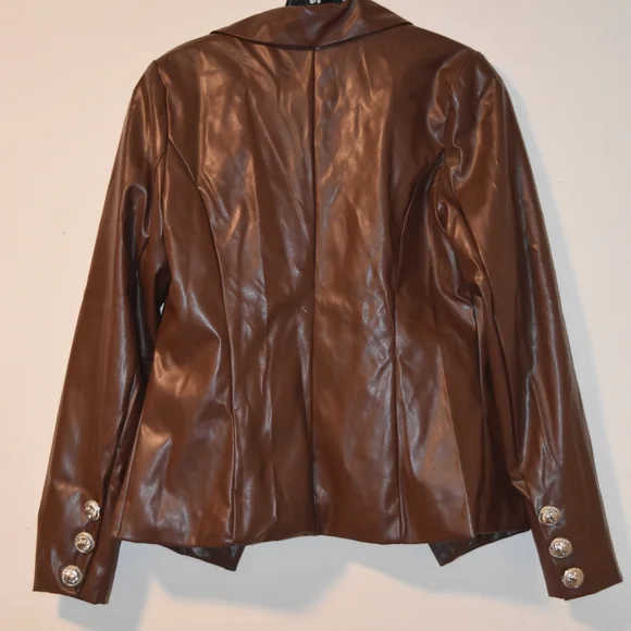 AKIRA SILVER METALLIC BUTTON FAUX LEATHER BROWN BLAZER NWT - Picture 11 of 16